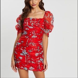 NWOT Urban Outfitters Orange and Blue Puff Sleeve Mini Dress